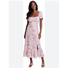London Times Women’s 14 Neck Smocked Back Linen Blend Pink Floral Dress