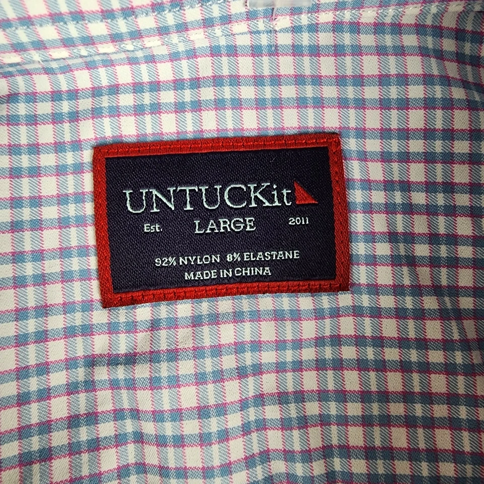 Camisa masculina Untuckit grande azul rosa xadrez Dalton manga longa botão para cima casual - Imagem 2 de 4