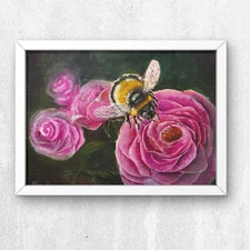 Vibrant Abstract Realism OOAK 11x14 Acrylic Painting on paper Bumblebee and Rose