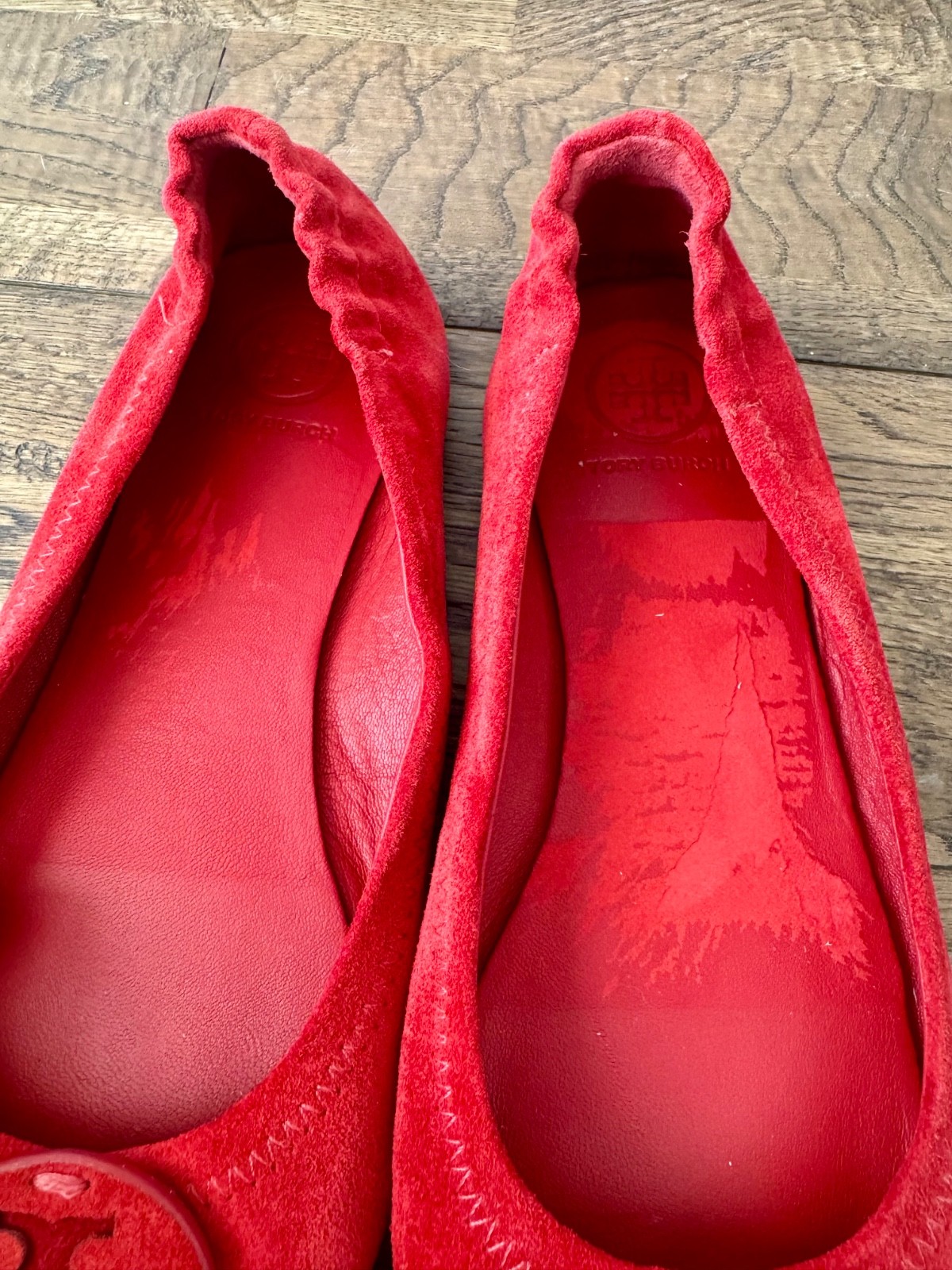 Tory Burch Ruby Red Suede Minnie Travel Ballet Flat Logo Women's Size 5 thumbnail 9