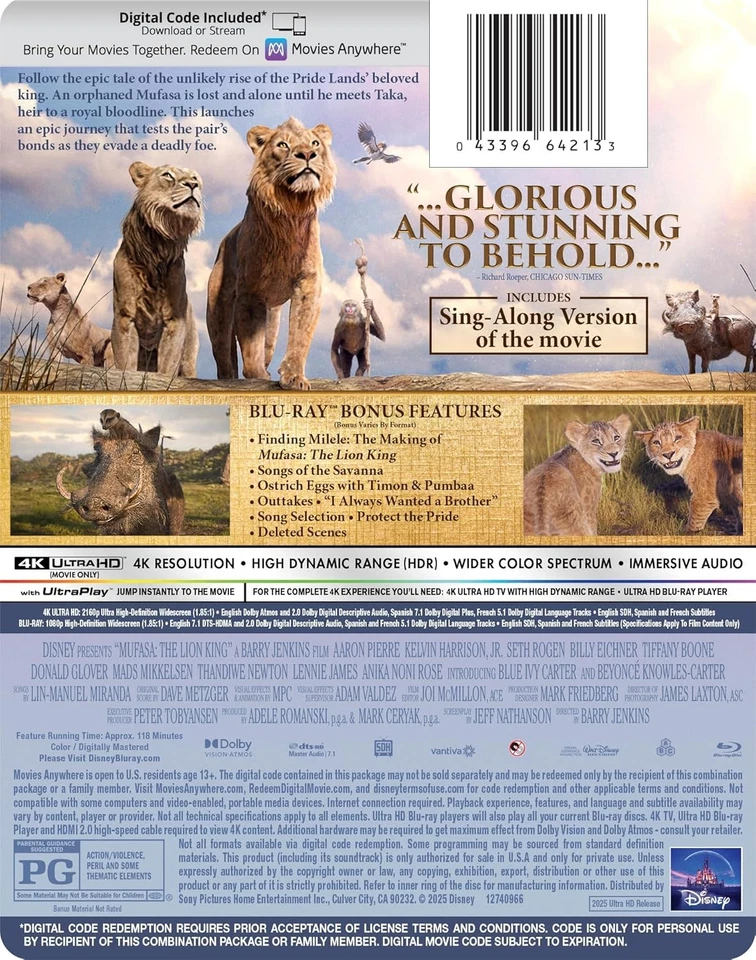 Steelbook Mufasa: The Lion King (4K UHD + Blu-ray + Digital) New - Image 3 of 4