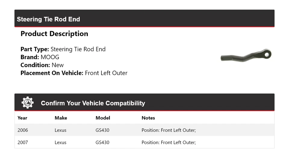 Para Lexus GS430 2006-2007 extremo de barra de dirección delantero izquierdo exterior MOOG Foto 2 de 4