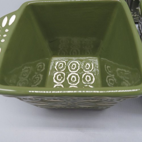 Temptations Carved Old World Green Ramekins 10 oz - Set of 4 square bowls w lids - Picture 5 of 10