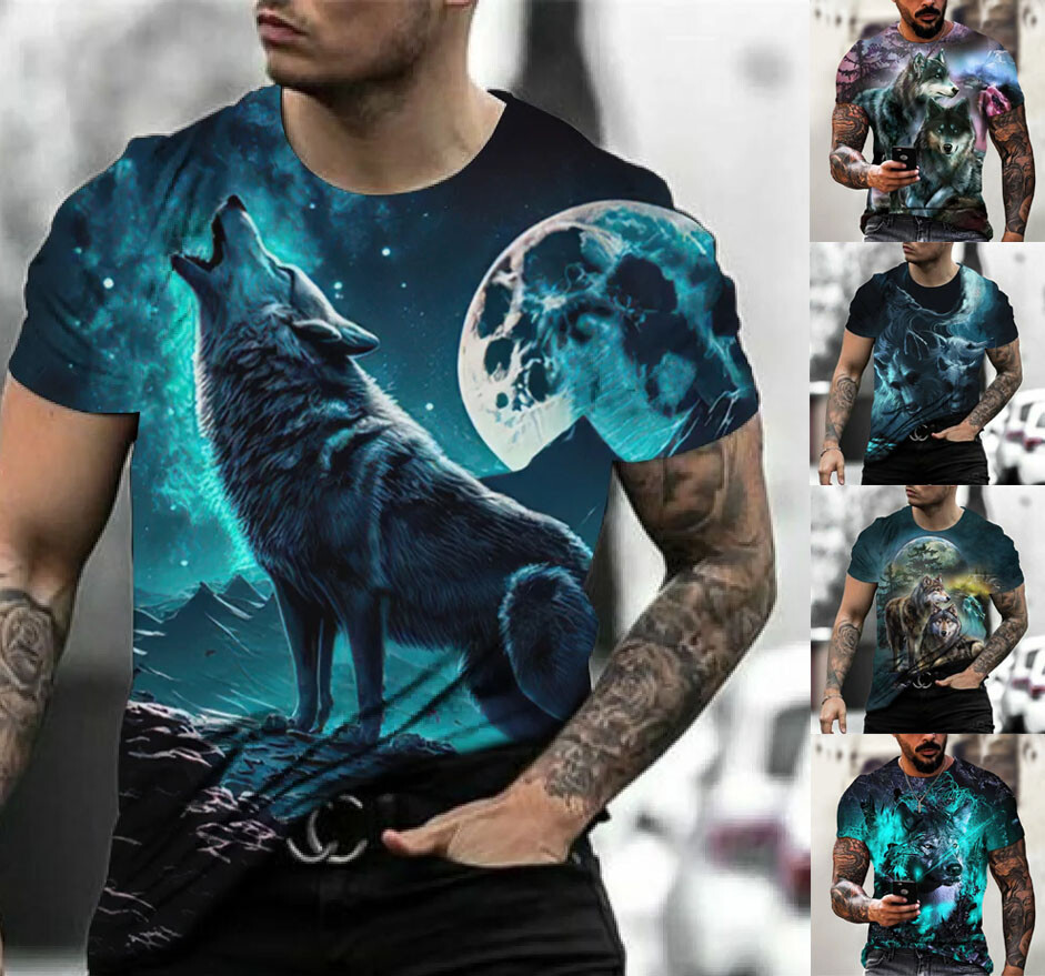 Wolf Design Graphic T-Shirt Mens O Neck Short Sleeve Tee Top