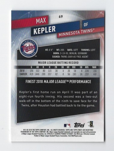 2019 Topps Finest #69 Max Kepler Green Refractor #'d 97/99 ~ Minnesota Twins - Bild 2 von 2