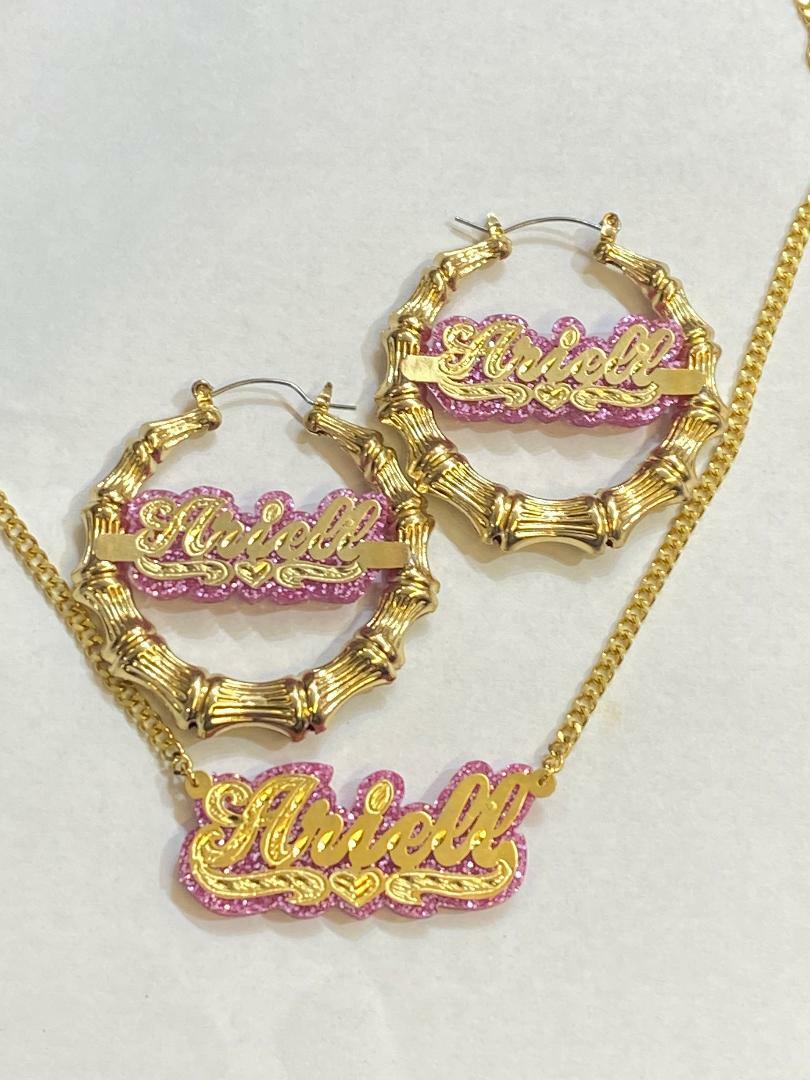 14K Gold Overlay Personalized Name Bamboo Earrings Necklace Set