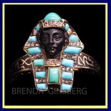 Victorian Ring Egyptian Revival Pharaoh Gold Diamonds Turquoise Enamel Onyx(5872