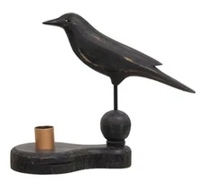 Primitive WOOD CROW on Pedestal w/Taper Candle Holder - 7.5" high