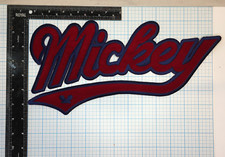 VINTAGE MICKEY MOUSE DISNEY CARTOON 13.5  IRON ON PATCH RED  BLUE VELVET SCRIPT