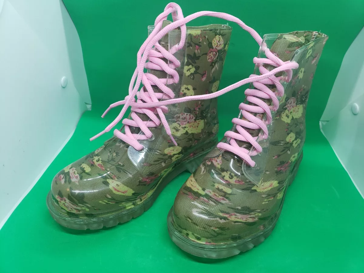 Women s Rain Boots Flower Transparent Lace Up Waterproof Galoshes Rubbers Shoes