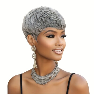 Short Pixie Cut Gray Wave Wigs for Women Short Haircut Fashion Gray Wigs daily 