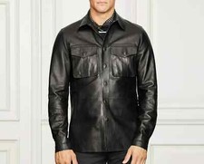 Men's Genuine Lambskin Leather Black Shirt Handmade Biker Stylish Casual Summer