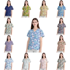 Unisex Scrub Tops 100% Cotton Printed Short Sleeve Medical Nurse V-Neck Shirt
