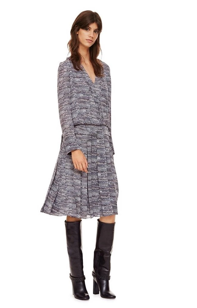 Abito a pieghe Tory Burch da donna grigio stampato in seta nuovo con etichette taglia 2