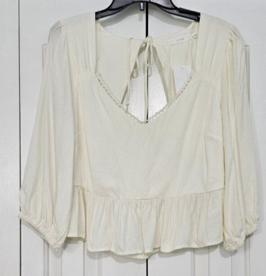 Lush  Sz M, Ivory 3/4 Sleeve, Peplum gathered back  V-neck, tie back top NWT (72