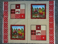 FARMALL PLAID TRACTOR RED BLACK FARM 4 BLOCK COTTON FABRIC PANEL