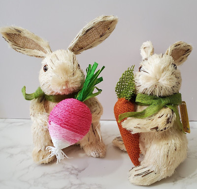World Market Sisal Straw Bunny Rabbits 2 Figures 10'' Easter Spring Decor NEW