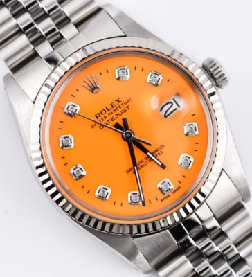 Rolex Datejust 16014 Orange Diamond Dial 36mm Watch 18K White Gold/Steel Jubilee
