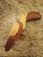 Wooden toucan puzzle hidden compartment box