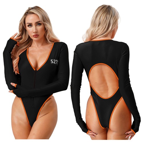 Costume cosplay carcere donna scollo a V profondo taglio schiena tute body Halloween - Foto 20 di 34