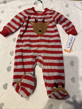 Carters Christmas Reindeer Striped Fleece Sleeper 2 Way Zip Footed Pajamas 3M