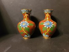 Vtg Pr SM Matched Cloisenne Vases Urn Dark Background Flowers Bird Blue Interior