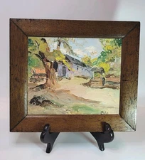 Vtg Impressionistic Orig. Painting ~House In Woods~Signed BAK Wood Frame 7x8"