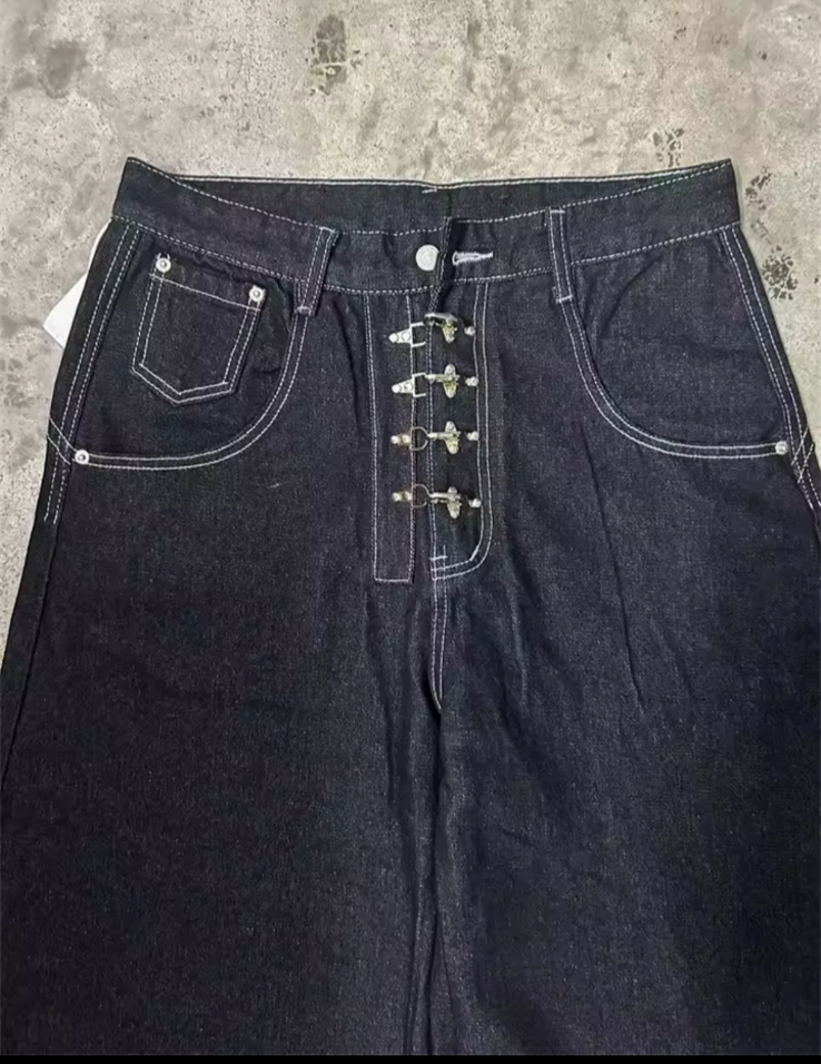 Y2K Retro Opium Black Denim Baggy Jeans with Silver Buckle