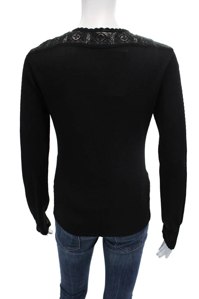 Cárdigan suéter negro con borde frontal de encaje con botones Elie Tahari para mujer talla pequeña Foto 3 de 4