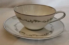 Noritake Chaumont Tea Coffee Cup & Saucer #6008 Blue & Silver Scrolls Flower Set