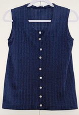 VTG Button Up Nylon Vest Womens Sz Large Blue Ribbed V-Neck Preppy Academia