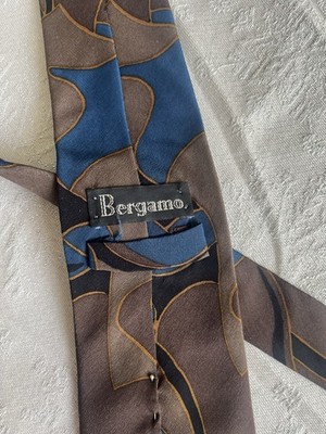 Bergamo 100% Silk Handmade Men's Tie Blue Brown Black Geometric Pattern