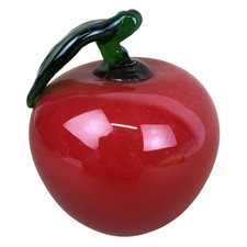 Beautiful Murano Style Hand Made Art Blown Glass Fruit Red Apple Green Stem 4.5  
