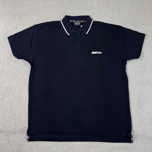 DKNY, DKNY Polo Shirt Men L Navy Blue Short Sleeve Cotton Tipped Collar Logo USA VTG