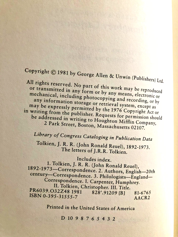 RARE EARLY PRINT! The Letters of J. R. R. Tolkien by H Carpenter (1981) GREAT HC - Image 3 of 4