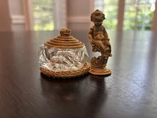 Bohemia Glass Salt Cellar w/Brass Lid and Base and Cherub