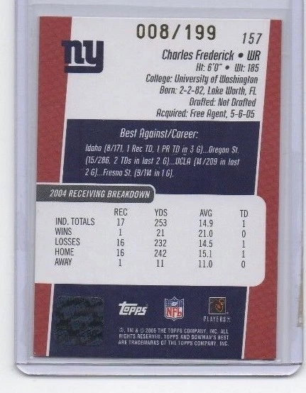 Charles Frederick Auto Autograph # 8 / 199 New York Giants 2005 Topps Bowman - Image 2 of 2