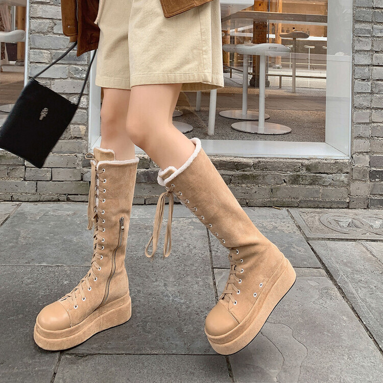 Womens 2023 Fashion Suede Fur Lining Platform Lace Up Knee