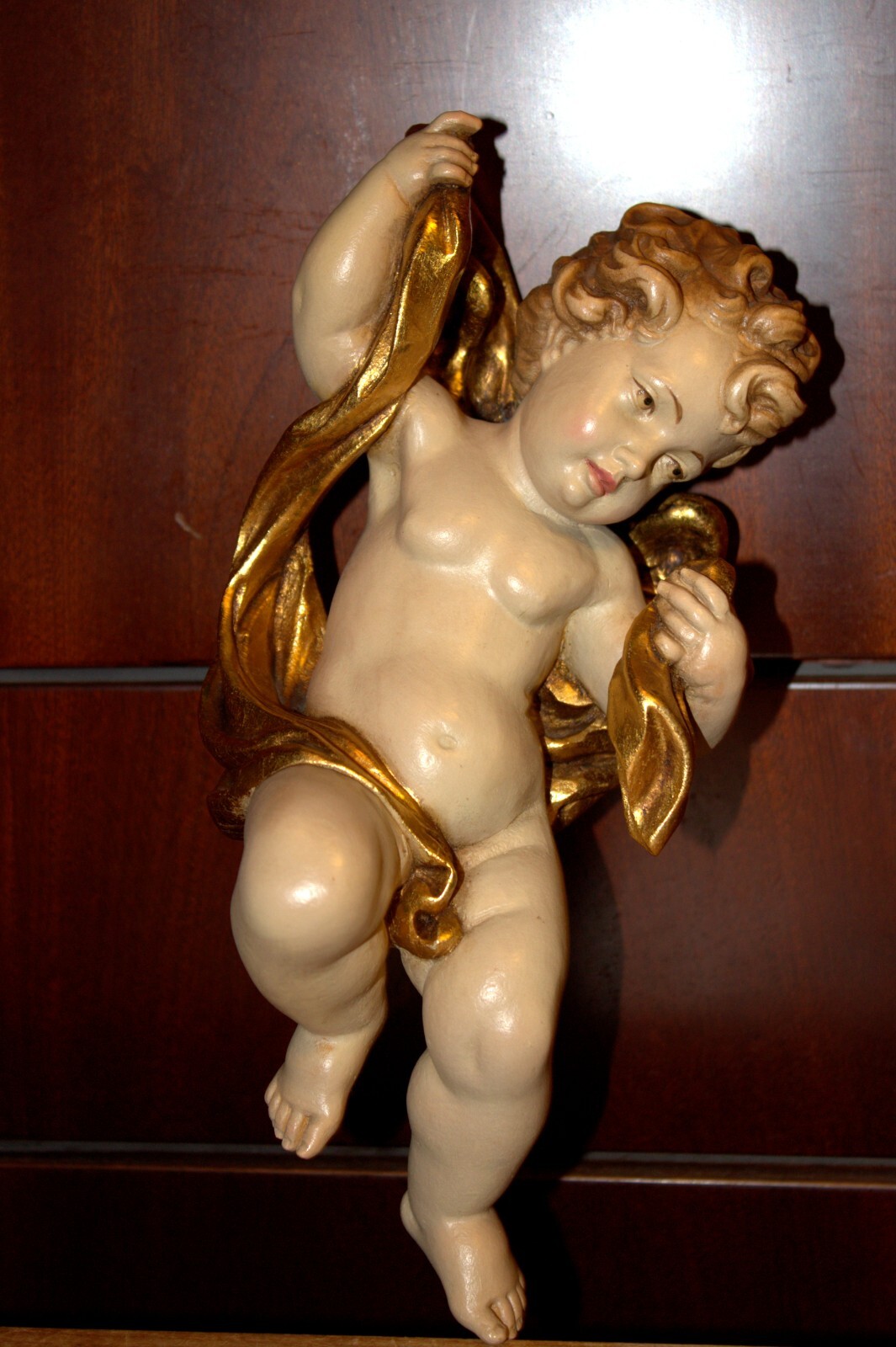 11" ANRI WOOD HAND CARVED CARVING ANGEL PUTTO CHERUB ITALY STATUE WALL FIGURE