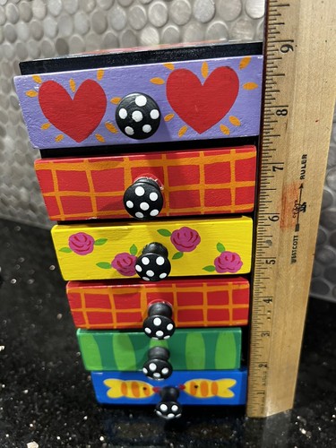 Tatutina Hand Painted Floral 6 Drawer Black Jewelry Box Storage 9” T X 4” W - Picture 9 of 12