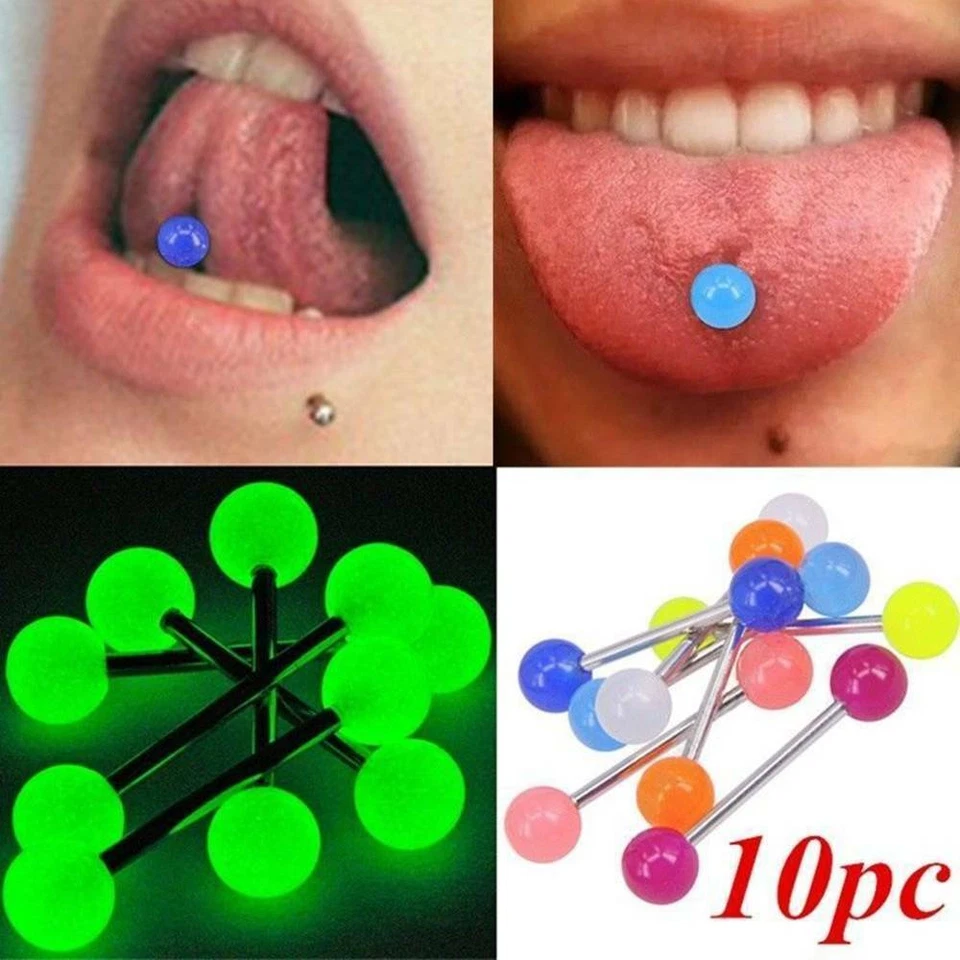 10 pcs Glow In The Dark Luminous Barbell Lip Tongue Rings Body Piercing Jewelry - Image 2 of 4