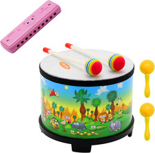 Kids Drum Wooden Instrument and Color Blues Kids Harmonica for Toddler, Children