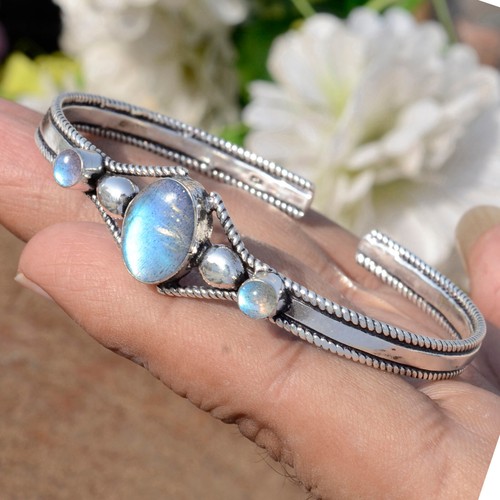 Blue Fire Labradorite Gemstone 925 Sterling Silver Bracelet Everyone Gift Cuff - Picture 2 of 9