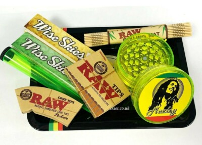 Wise Skies Rolling Tray Set Marley Crusher Raw Rollmatte Raw Cone Tips Halter