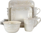 Contemporary Square Embossed Stoneware Dinnerware Dish Set, 16 Piece, Ivory Whit