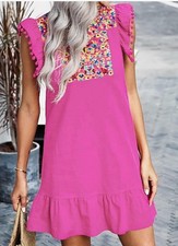 Women's Pink Floral Embroidered Summer/ Spring Ruffled Boho Dress Size L
