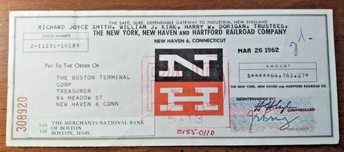 1962 New York, New Haven Hartford Railroad Check $64,761.00 , $621K todays money