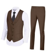 Mens Vest Pants Suits Set 2 Pieces Slim Fit Groomsmen Suit for Men Small Coffee