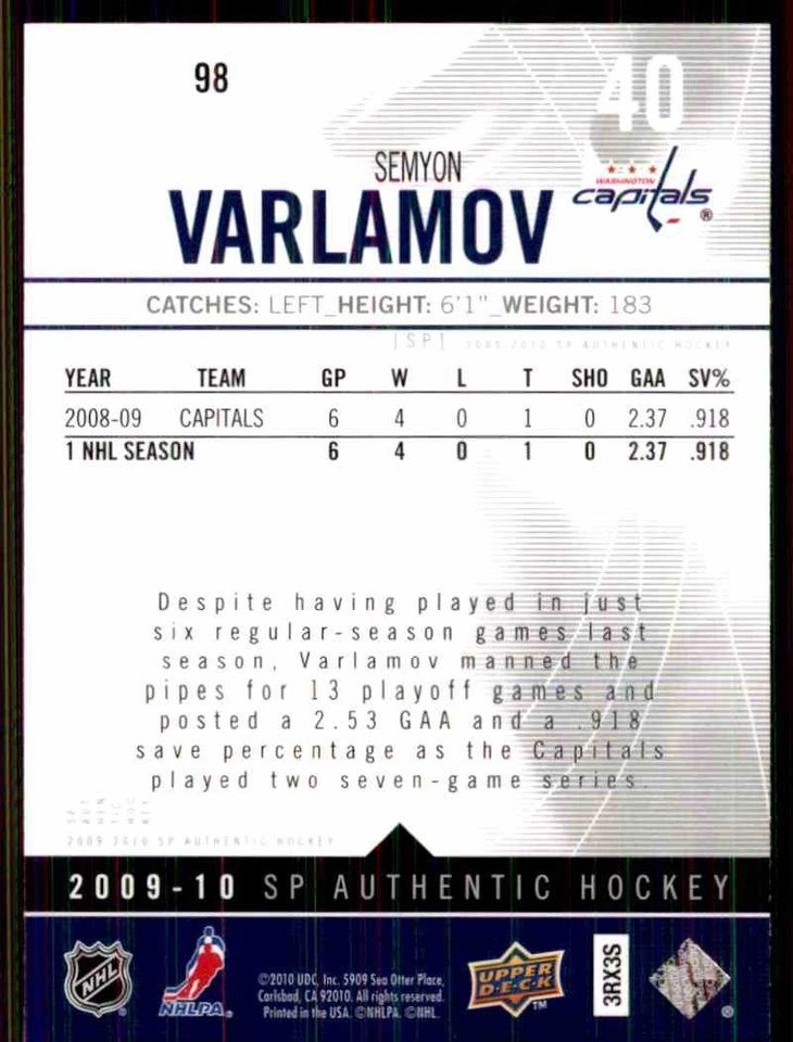2009-10 SP AUTHENTIC SEMYON VARLAMOV #98 - Image 2 of 2