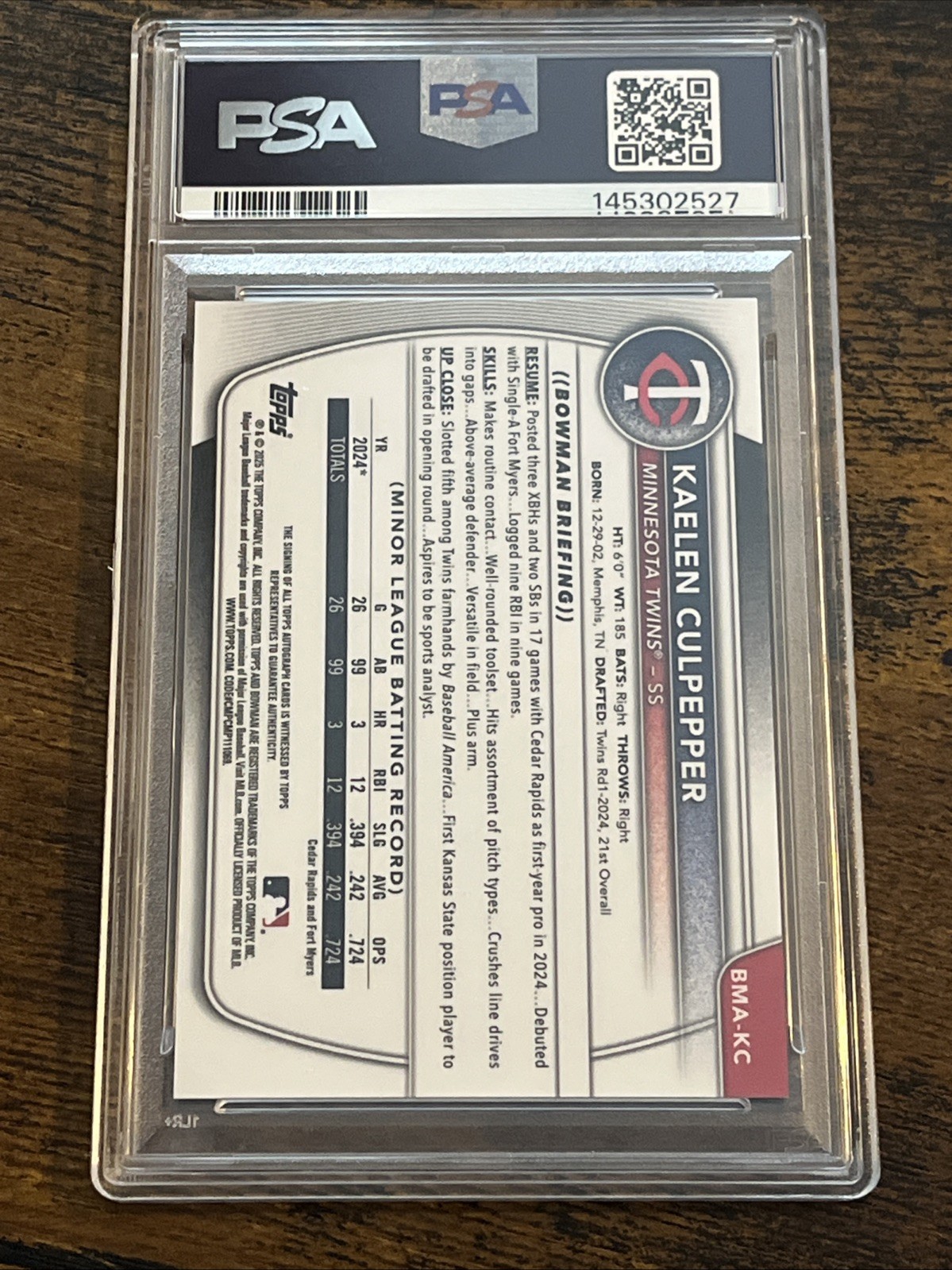 Kaelen Culpepper 2025 Bowman Chrome Mega Box Mojo Refractor Auto BMA-KC PSA 9 view 2